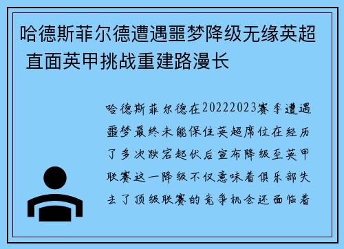 哈德斯菲尔德遭遇噩梦降级无缘英超 直面英甲挑战重建路漫长