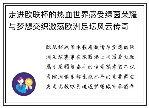 走进欧联杯的热血世界感受绿茵荣耀与梦想交织激荡欧洲足坛风云传奇