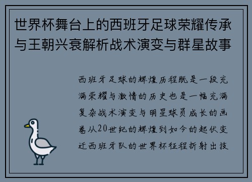 世界杯舞台上的西班牙足球荣耀传承与王朝兴衰解析战术演变与群星故事 世界杯舞台上的西班牙足球荣耀传承与王朝兴衰解析战术演变与群星故事